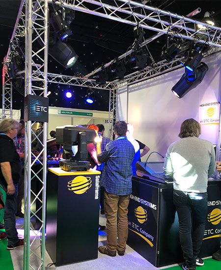 A busy stand for High End Systems demonstrating their impressive ETC lights.